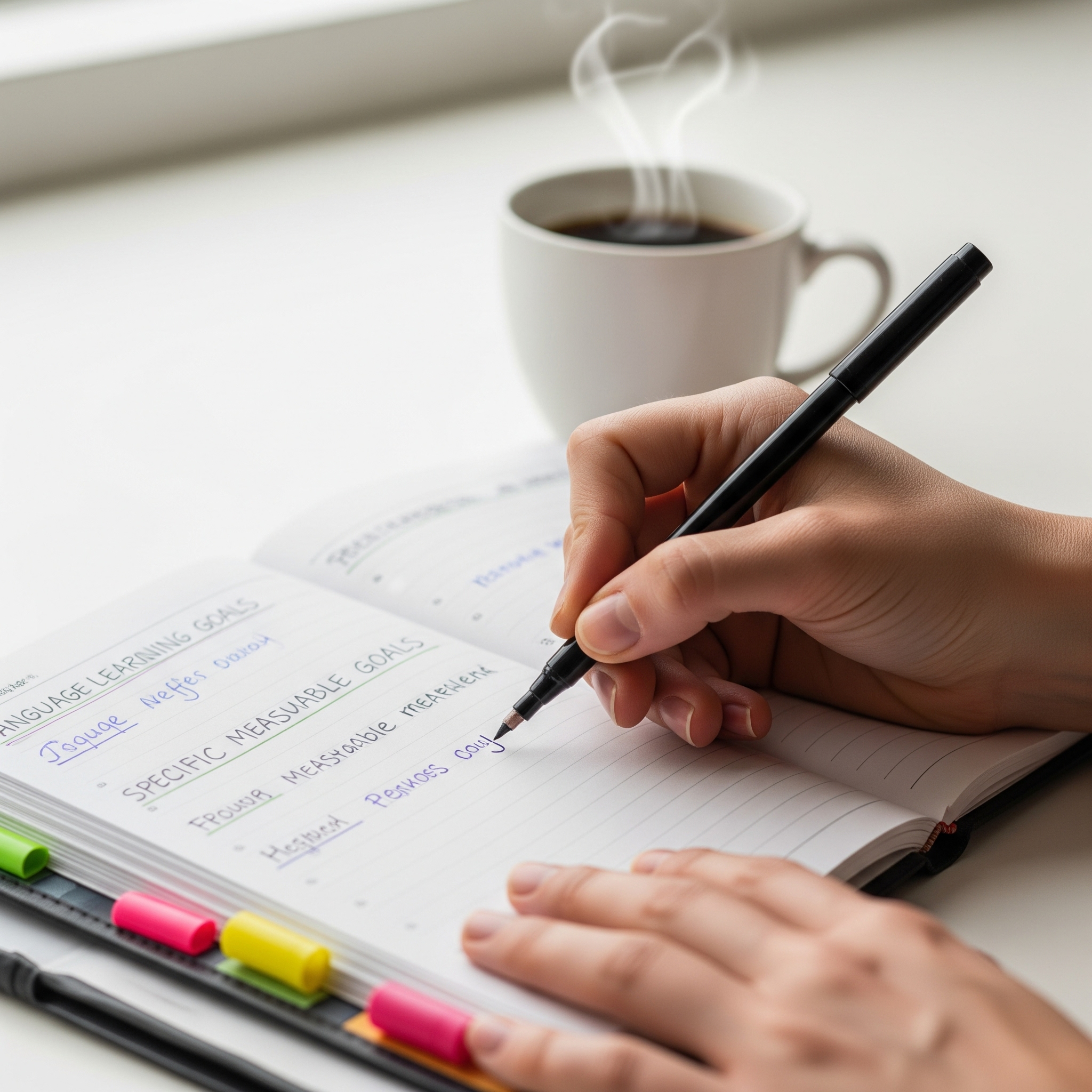 A hand writing clear language goals in a planner.
