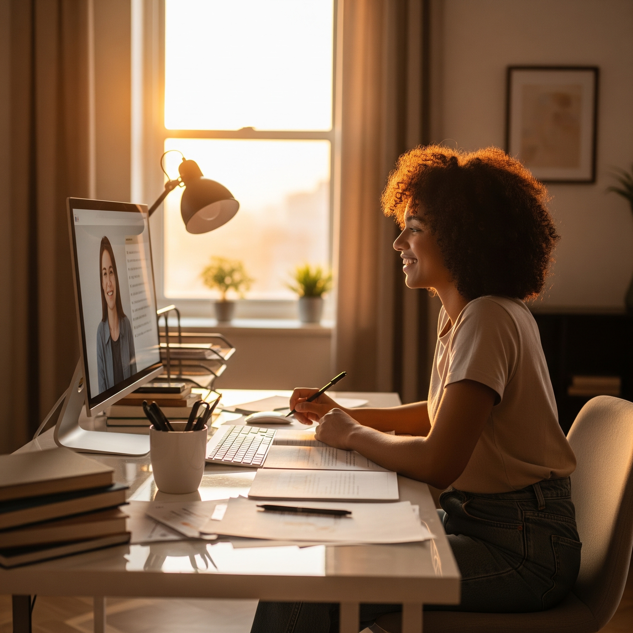 A professional taking a flexible evening language class online.