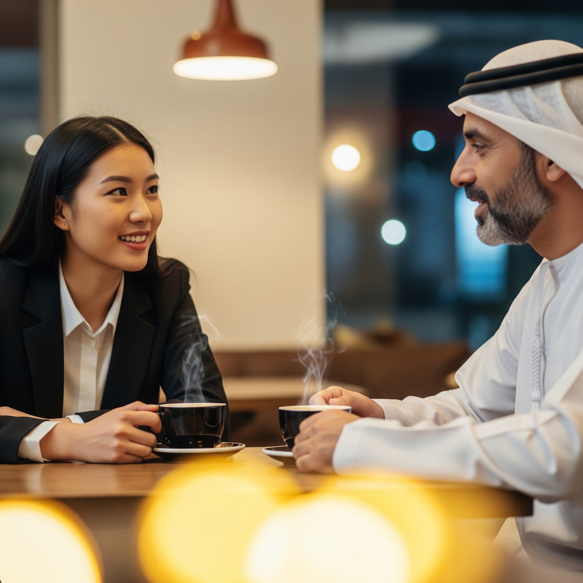 Two people from diverse backgrounds engaging in a language exchange.