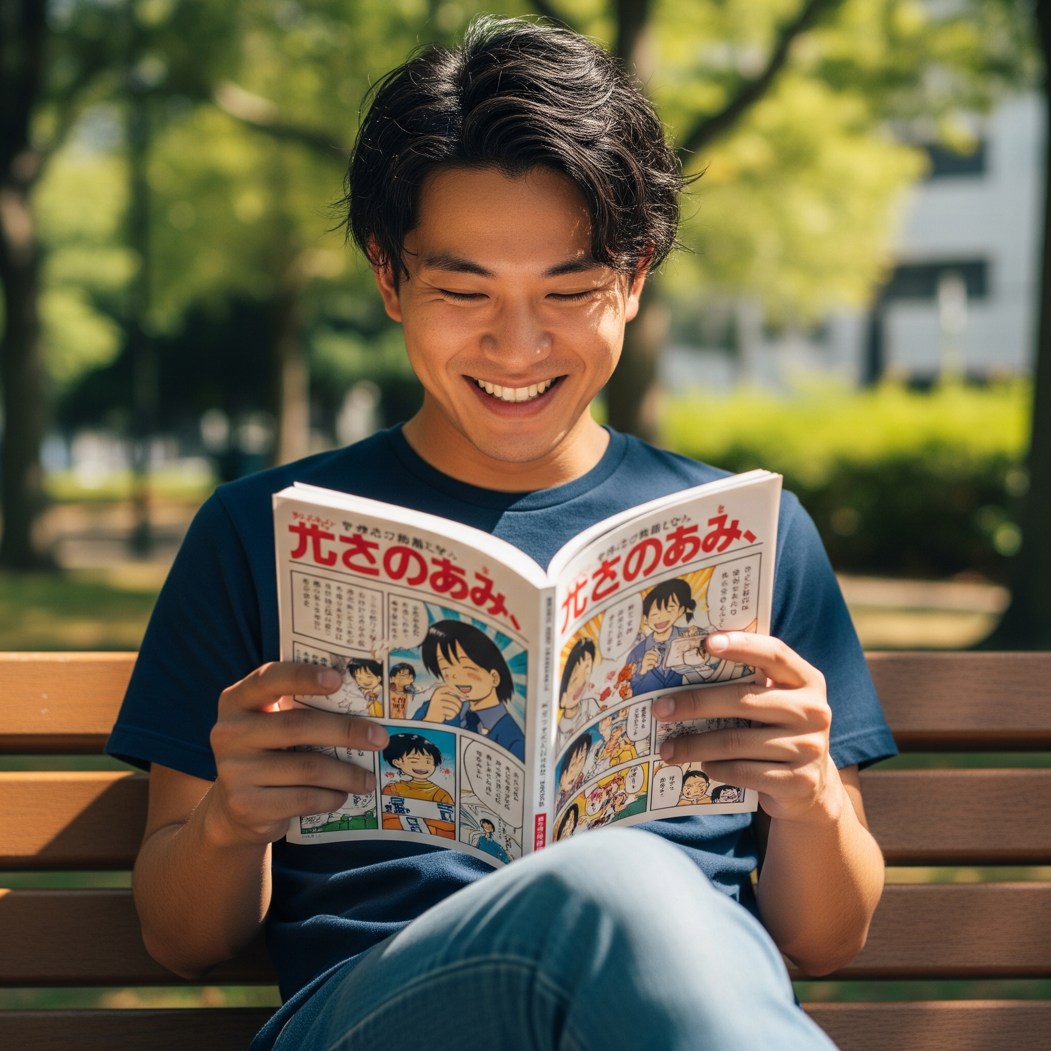 A person enjoying a hobby, like reading a comic, in their target language.