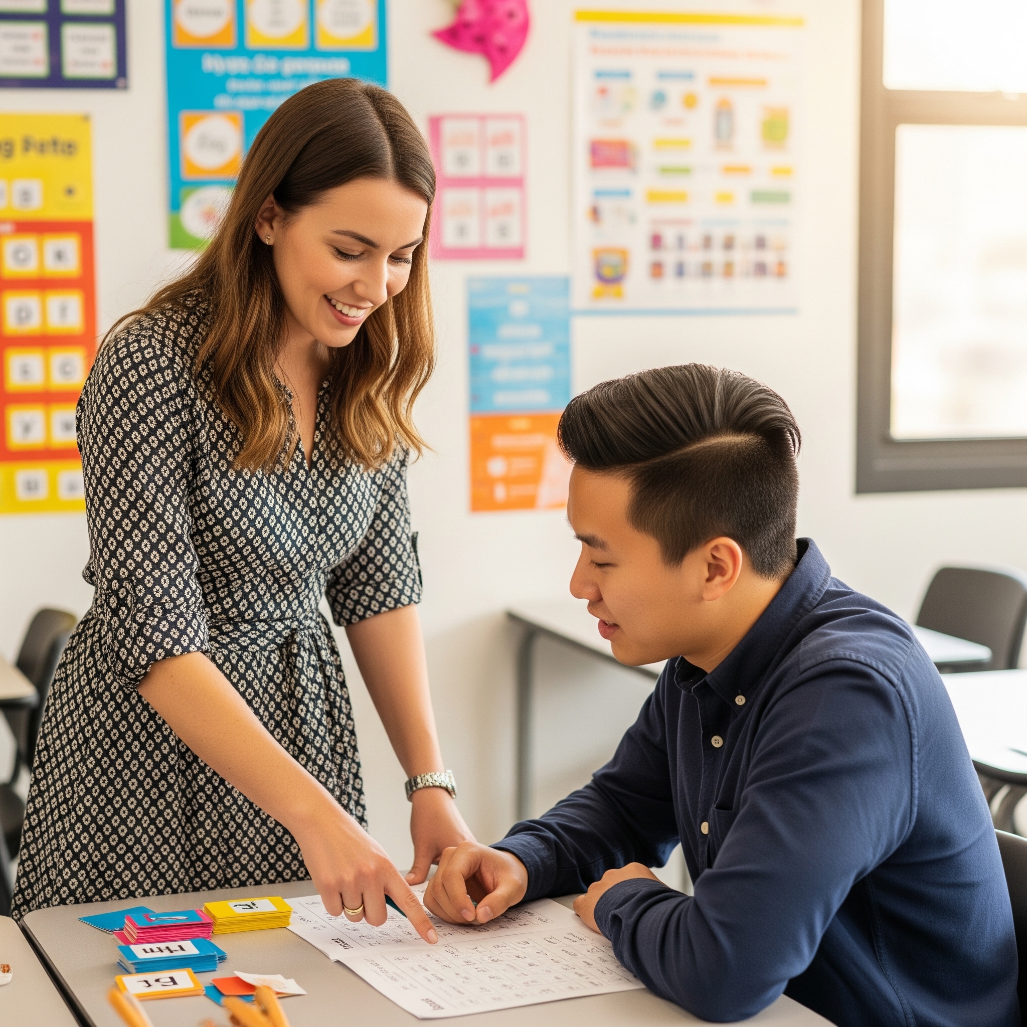 A dedicated language tutor helping a student during a private class.