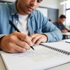 An adult's hands write notes in a notebook