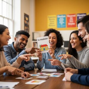 A diverse group of adults smiling while learning with flashcards