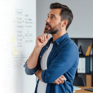 A man stands and contemplates a complex diagram on a whiteboard