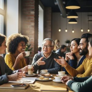 A diverse group of friends enjoys coffee and conversation in a cafe