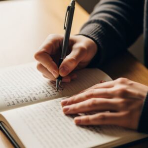 A close-up of a person's hands holding a notebook and a pen, with focused writing