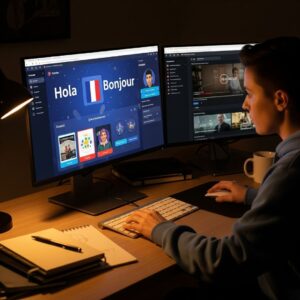 A person effectively using two screens for language learning