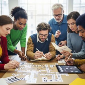 A group of adults collaborating to solve a complex language puzzle
