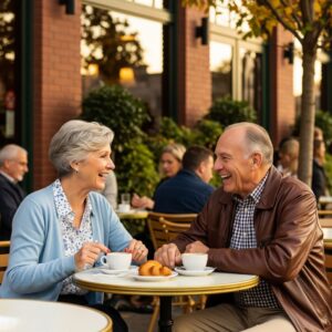 Two older adults smiling and enjoying a lively conversation at a cafe
