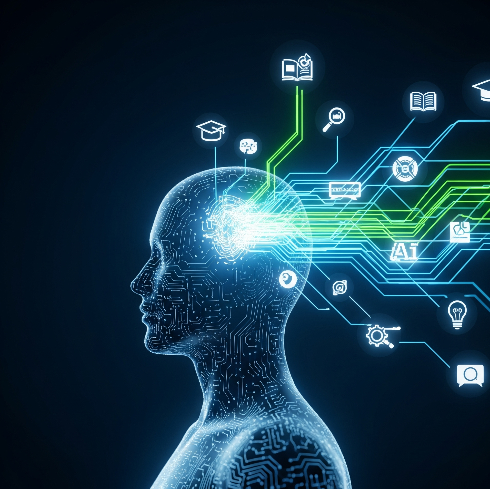 A futuristic graphic showing a brain with glowing digital connections, symbolizing AI tools for learning.