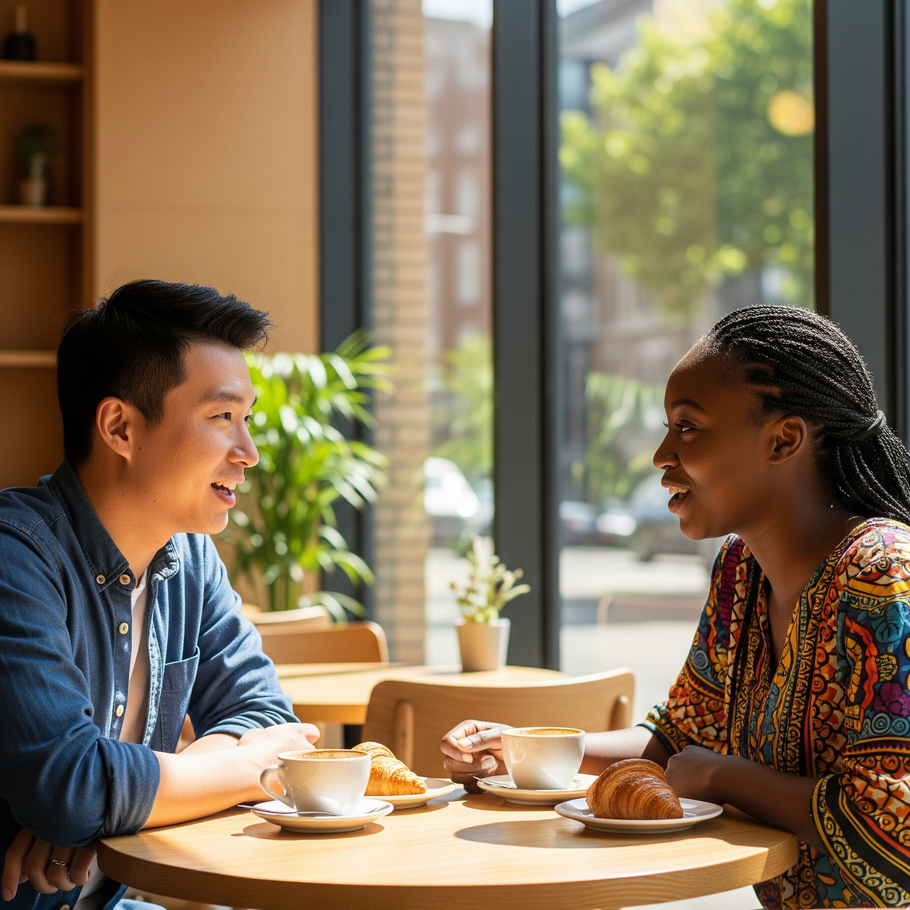 Two people from different backgrounds enjoying a conversation at a cafe, representing a successful language exchange.