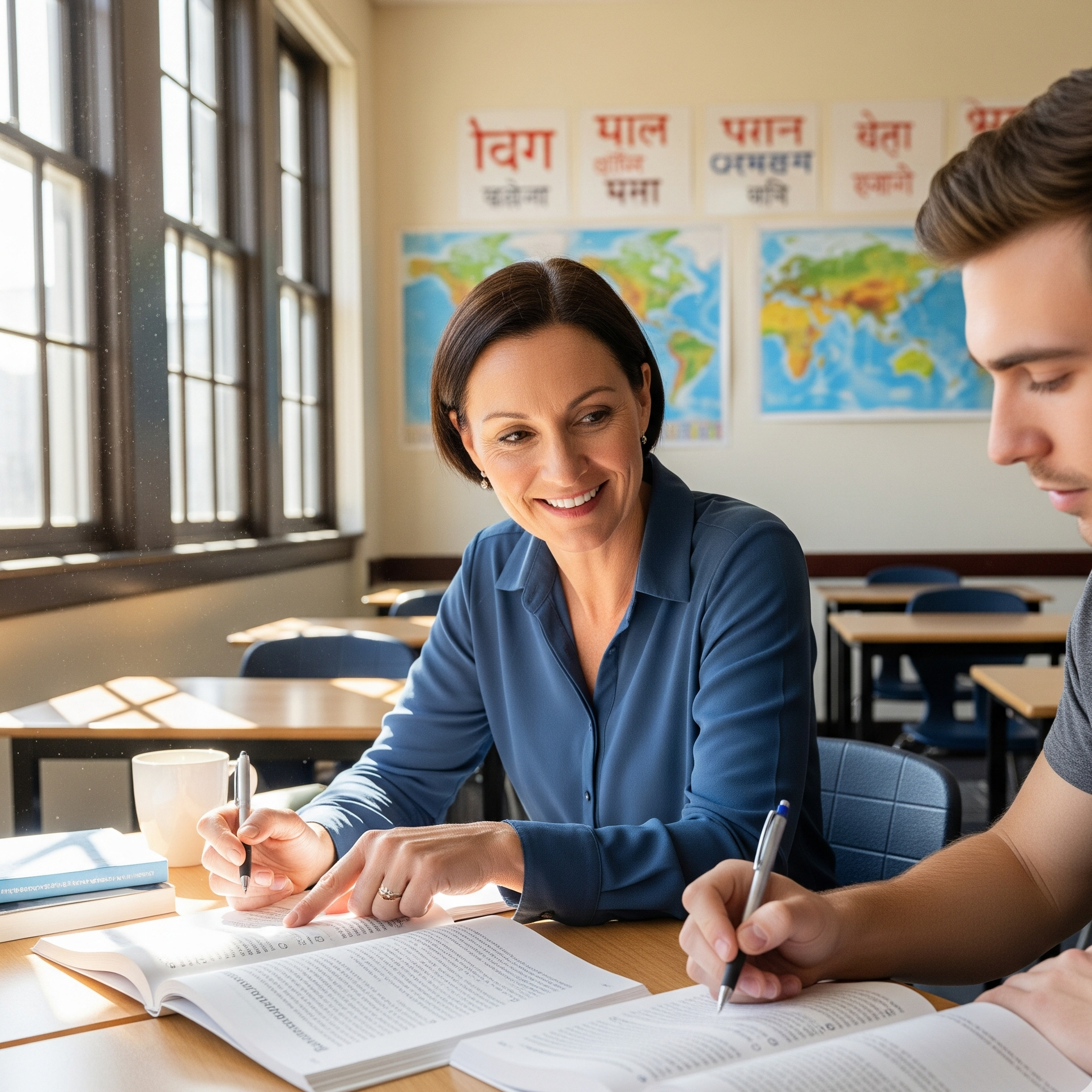 An experienced language instructor guiding a student through a textbook exercise.