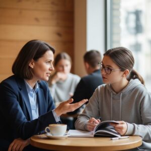 Instructor with student at a cafe