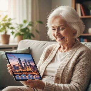 Woman looking at international cities on her tablet