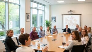 Large meeting room with group of people
