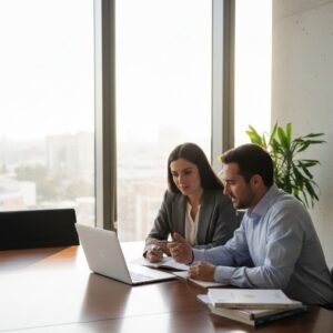 Two people looking at laptop
