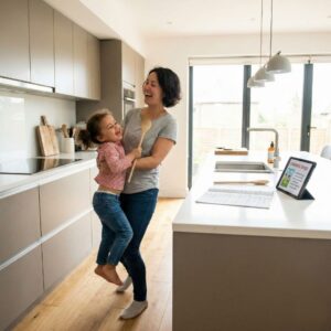 Parent and child singing and dancing in the kitchen to learn a language through music.