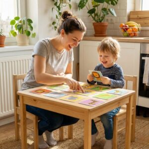 arent and child playing a fun educational card game at a table.