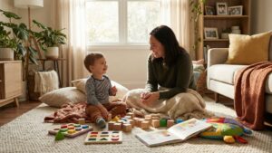 A happy parent and child playing with educational toys and books in a cozy living room.
