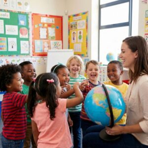 Happy children participating in an immersive language class with a teacher.