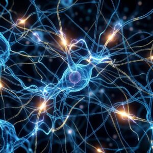 Abstract representation of neural networks firing and strengthening connections to depict neuroplasticity.
