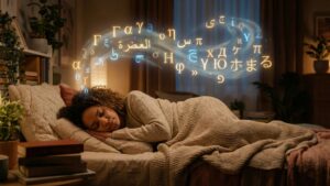 A student sleeping while glowing language symbols float above, illustrating sleep learning and neuroplasticity.