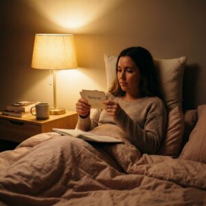 A student reviewing language study notes in bed under a warm lamp before going to sleep.