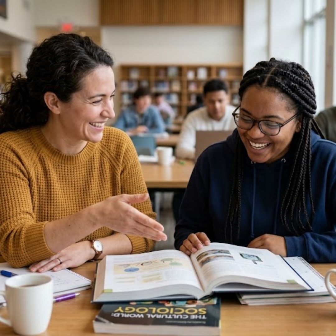 Two adult students at Crossing Borders Language Center sharing a friendly moment over a textbook.