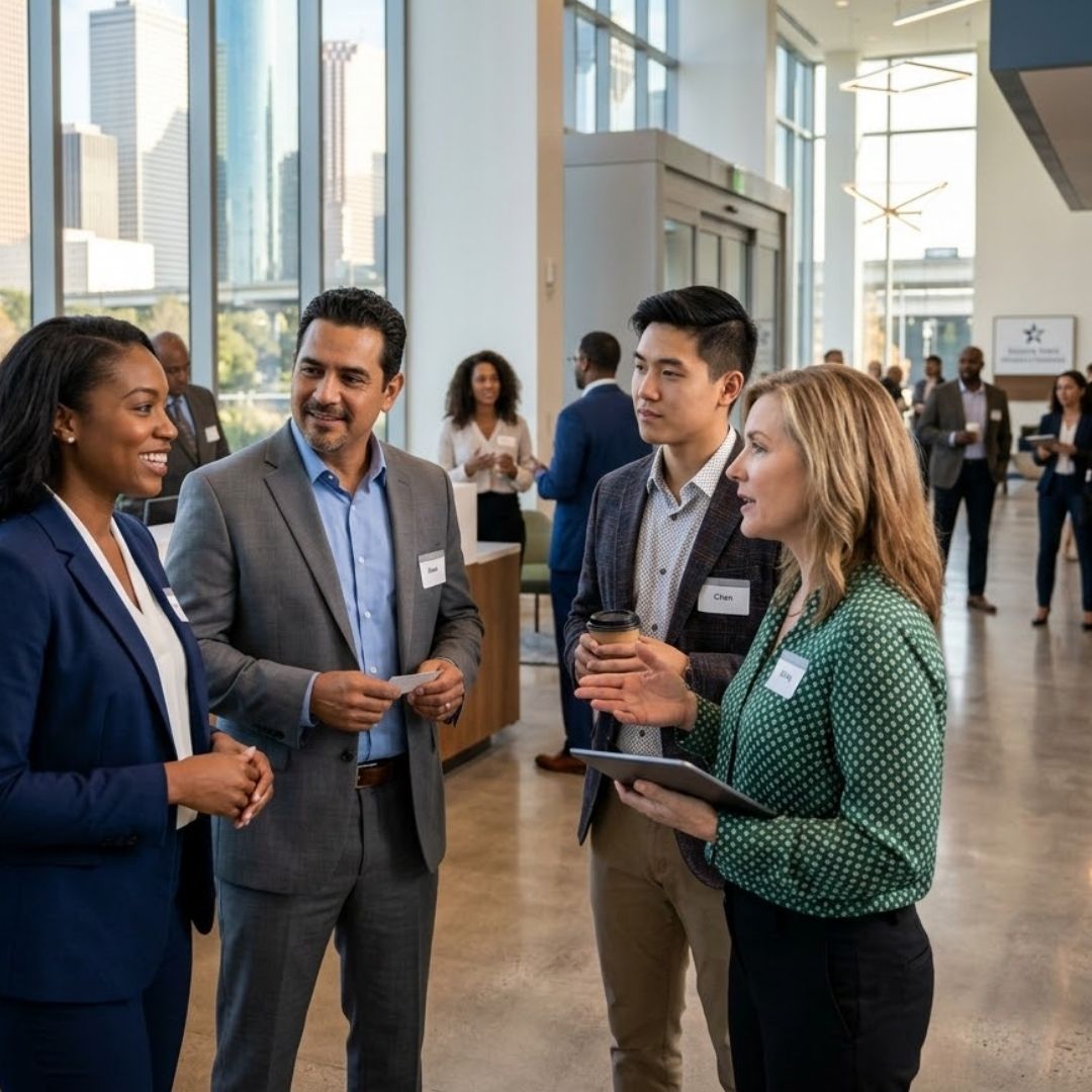 A diverse group of professionals networking in a Houston office building.