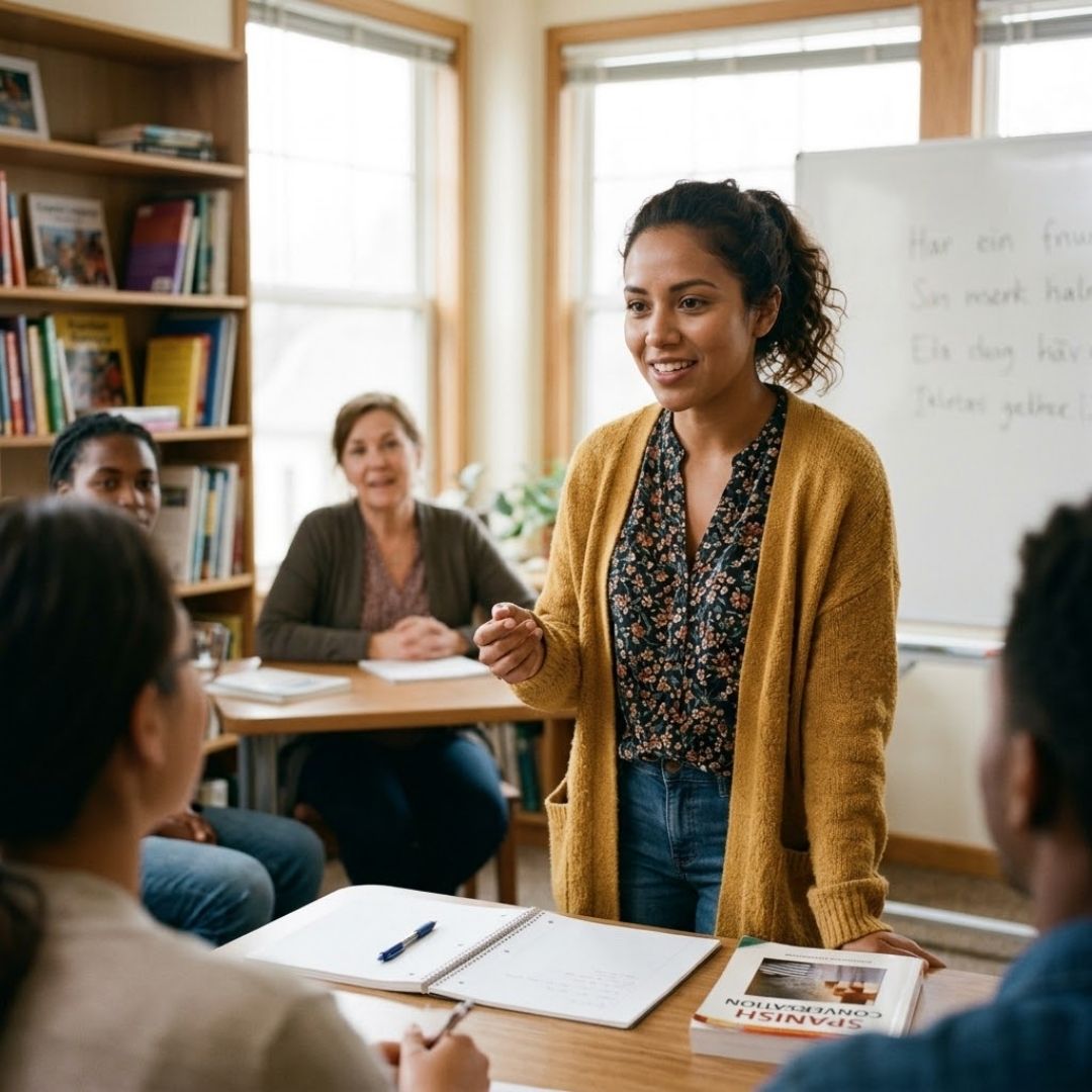 A confident woman practicing her speaking skills in a small language class.
