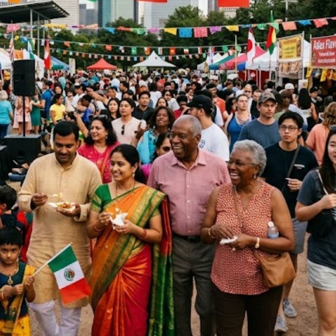 A colorful multicultural festival in Houston celebrating diverse global traditions.