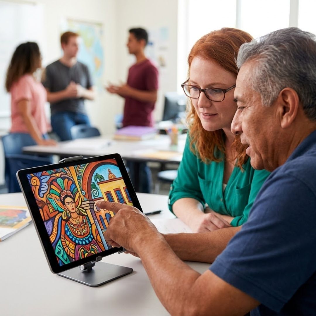 An adult Spanish class with two people studying art on a tablet