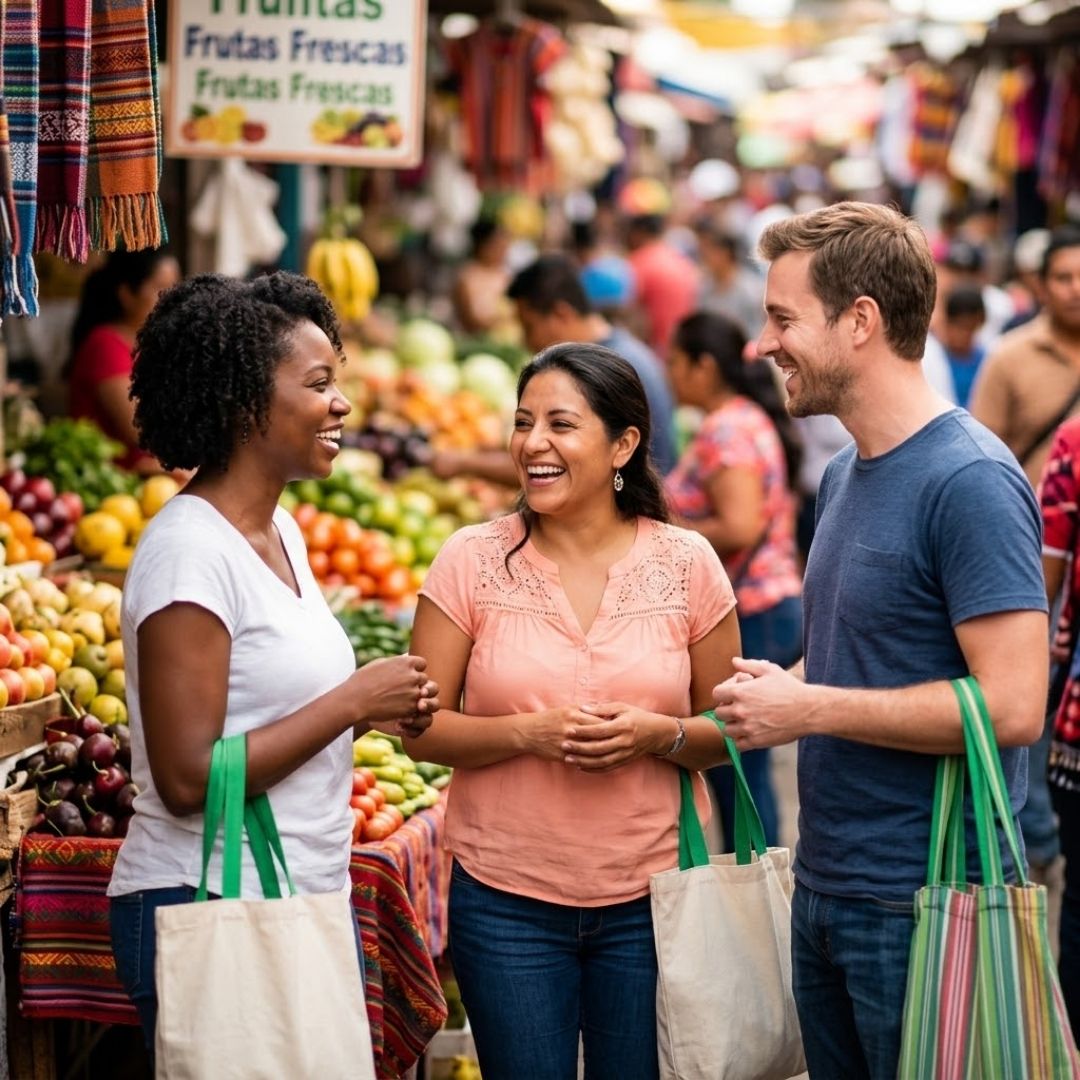 Three people at a farmer's market talking happily