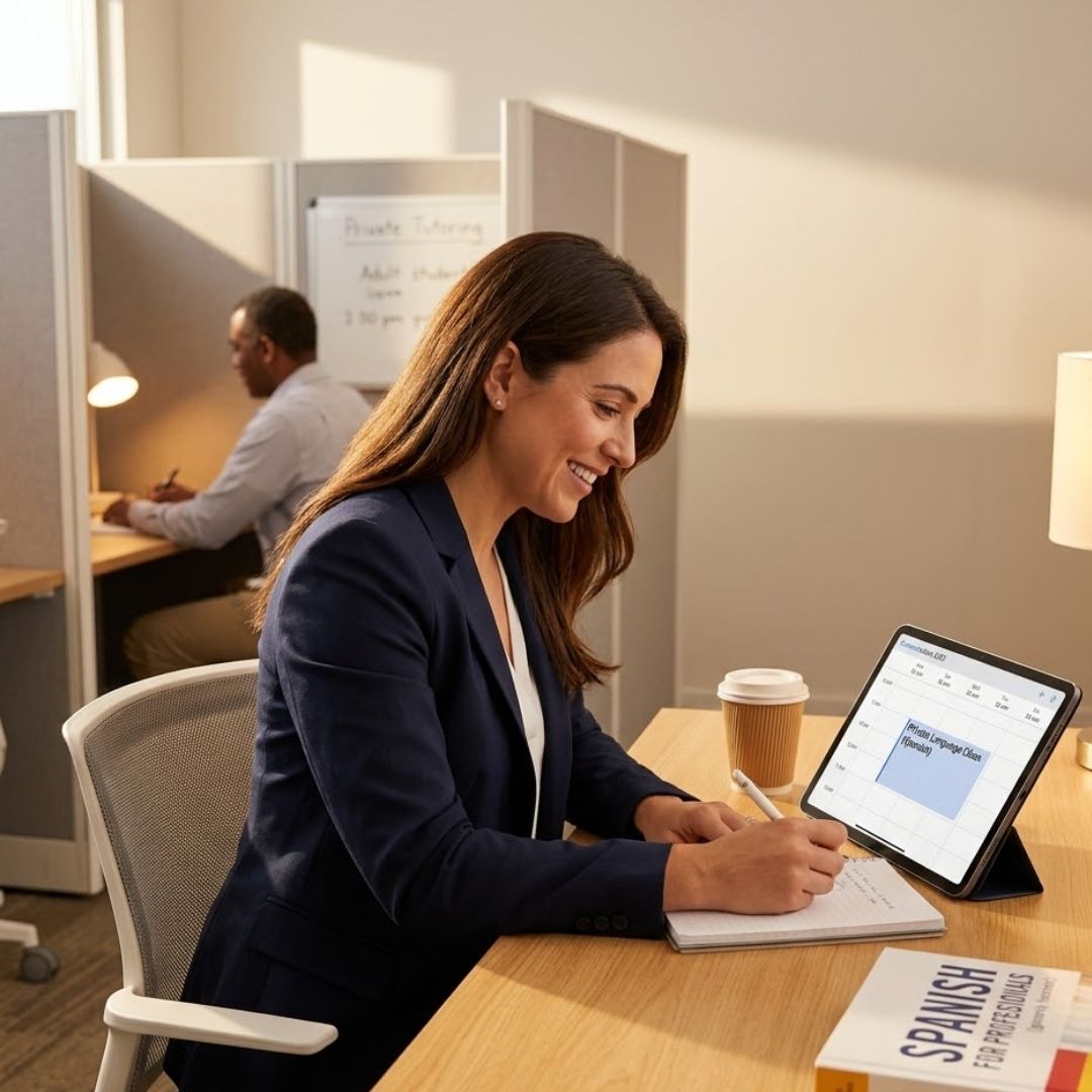 A smiling professional woman in a blazer takes notes during an early evening language lesson in a warm learning center common area.
