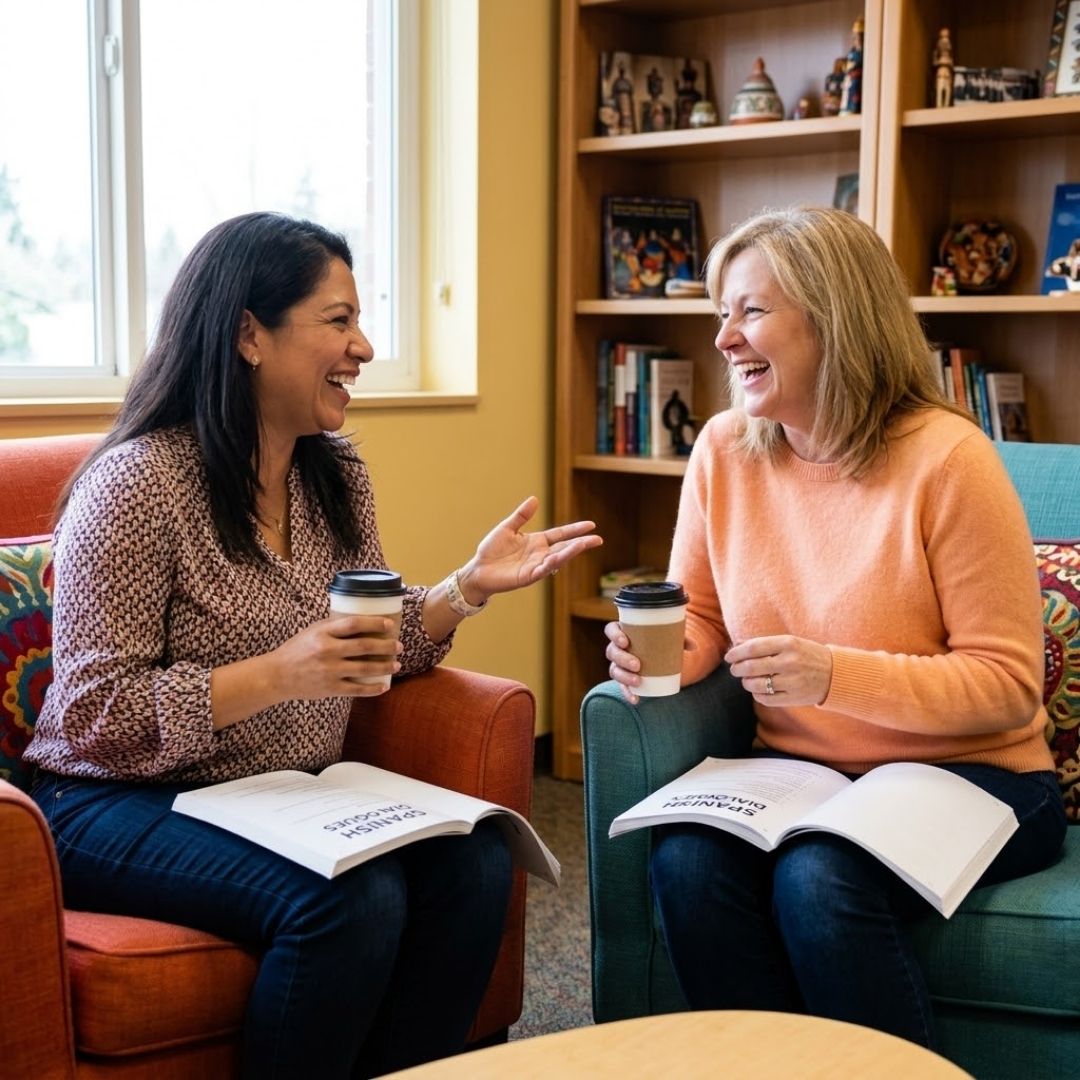 Two diverse adult women laugh while practicing conversational Spanish in a vibrant learning center lounge.