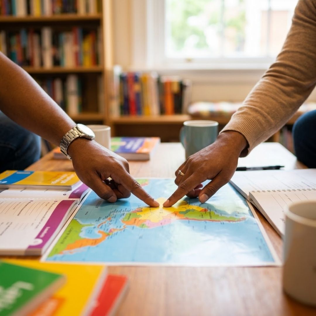 A warm, focused scene as a diverse pair of adult students collaborate, pointing at a map of Latin America surrounded by generic language learning materials in a cozy learning center lounge.